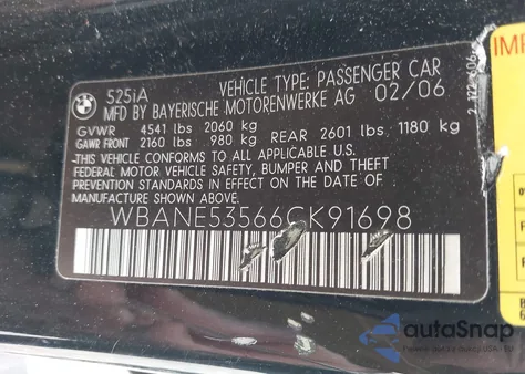 2006 BMW 525I z USA, uszkodzony, nr VIN WBANE53566CK91698